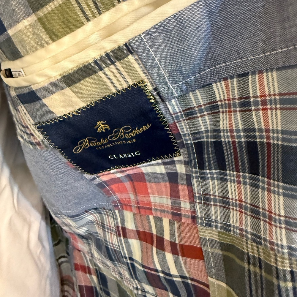 Classic Fit Chambray-Madras Patchwork Sport Coat in Cotton - Picture 4 of 5